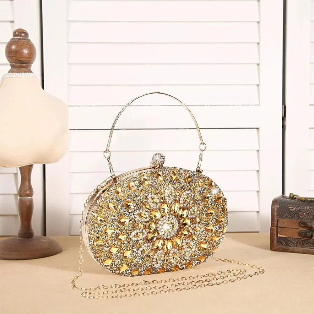 Rhinestone Evening Clutch Bag Gold Sparkling Glitter Wrist Prom Party